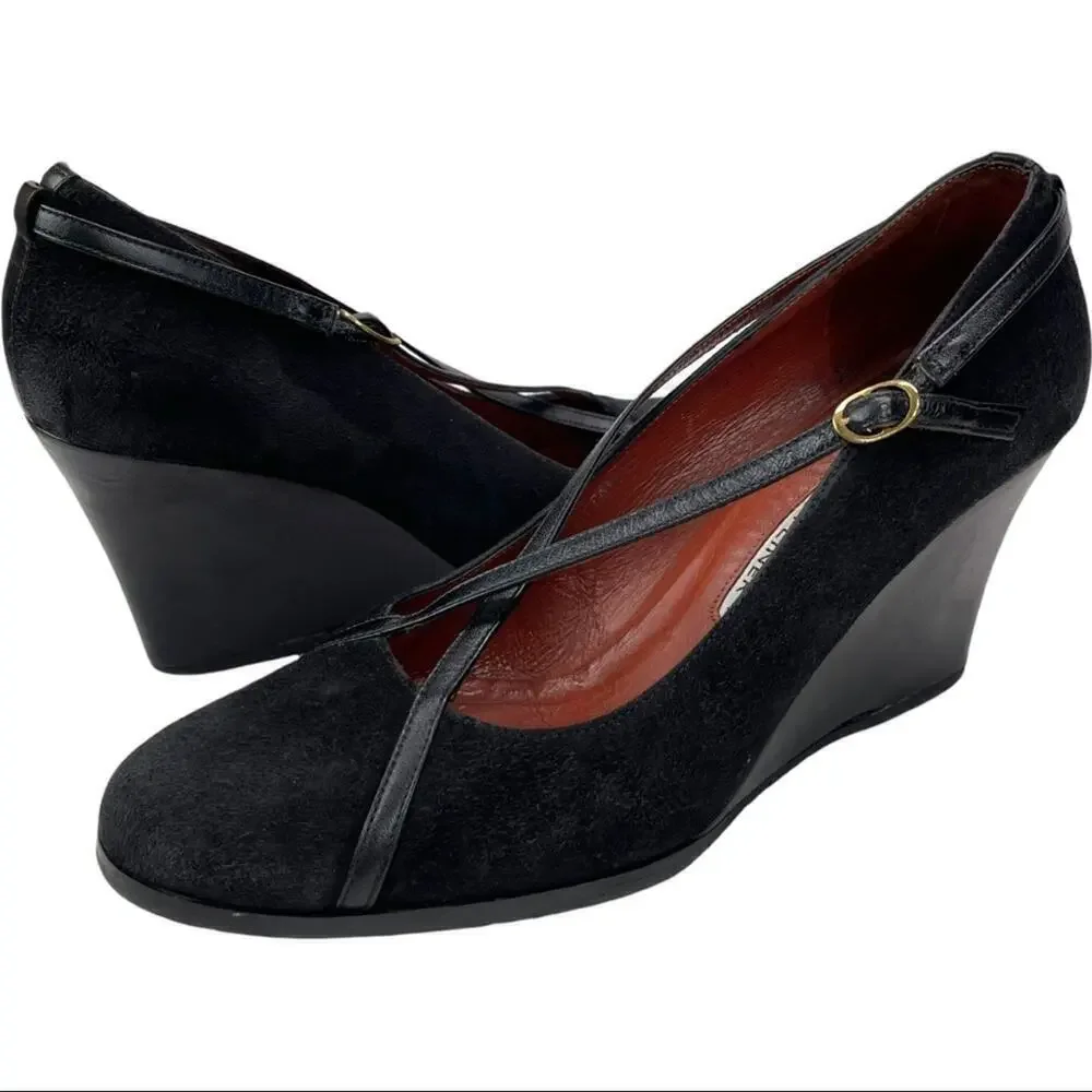 Donald J. Pliner Black Suede Crisscross Mary Jane Wedge Pump Size 8M